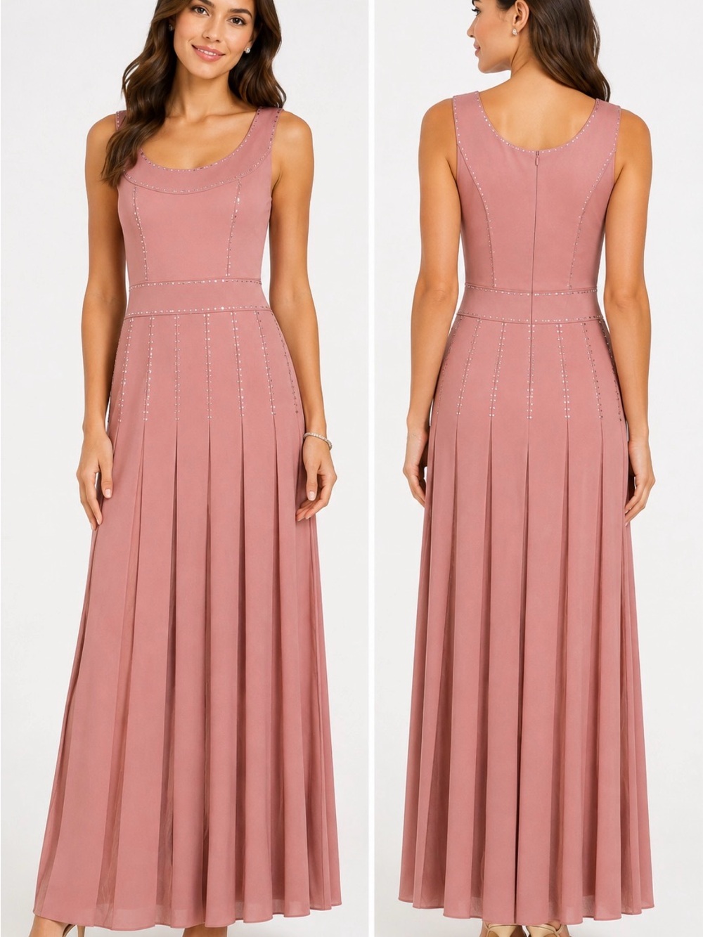 St. John Size 8 Dusty Rose Crystal Embellished Pleated Maxi Dress wedding guest